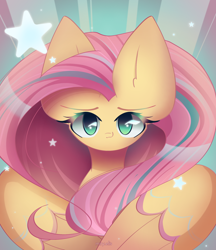 Size: 1900x2200 | Tagged: safe, artist:miryelis, imported from derpibooru, fluttershy, pegasus, pony, big ears, colored wings, cute, daaaaaaaaaaaw, female, impossibly large ears, long hair, looking at you, rainbow power, shyabetes, smiling, solo, stars, wings