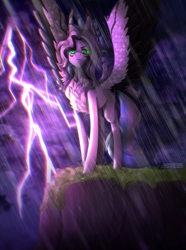 Size: 1116x1500 | Tagged: safe, artist:aakariu, imported from derpibooru, oc, oc only, pegasus, pony, art trade, dark background, digital art, gift art, lightning, pegasus oc, rain, solo, storm