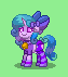 Size: 63x71 | Tagged: safe, artist:dematrix, imported from derpibooru, izzy moonbow, pony, unicorn, pony town, alternate design, bell, bow, clothes, cowbell, cute, female, floppy ears, g5, green background, hair bow, hairpin, lingerie, mare, pixel art, simple background, smiling, solo, tail, tail bow
