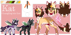 Size: 1158x580 | Tagged: safe, artist:kat-the-true-kitkat, imported from derpibooru, oc, changeling queen, pony, changeling queen oc, female, glowing, glowing horn, horn, mare, reference sheet, simple background, transparent background