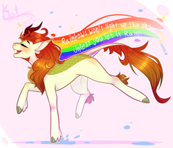 Size: 1870x1600 | Tagged: safe, artist:kat-the-true-kitkat, imported from derpibooru, autumn blaze, kirin, a kirin tale, eyes closed, fangs, rainbow, raised hoof, singing, smiling, solo, text