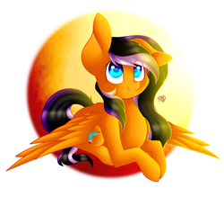 Size: 1600x1400 | Tagged: safe, alternate version, artist:prettyshinegp, imported from derpibooru, oc, oc only, oc:sunrise, pegasus, pony, abstract background, commission, female, lying down, mare, one ear down, pegasus oc, prone, smiling, solo, ych result