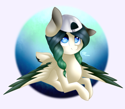 Size: 1600x1400 | Tagged: safe, artist:prettyshinegp, imported from derpibooru, oc, oc only, pegasus, pony, abstract background, backwards ballcap, baseball cap, cap, colored wings, commission, female, hat, lying down, mare, pegasus oc, prone, smiling, solo, two toned wings, wings, ych result