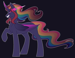 Size: 2317x1798 | Tagged: safe, artist:purplegrim40, imported from derpibooru, oc, oc only, alicorn, alicorn oc, black background, evil grin, grin, horn, multicolored hair, offspring, parent:king sombra, parent:rainbow dash, parents:sombradash, rainbow hair, raised hoof, simple background, smiling, solo, sombra eyes, wings