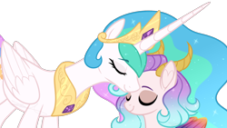 Size: 1280x720 | Tagged: safe, artist:purplegrim40, imported from derpibooru, princess celestia, oc, bust, duo, ethereal mane, eyes closed, female, mare, nuzzling, peytral, simple background, smiling, transparent background