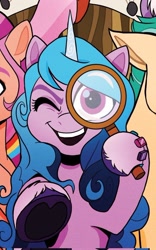 Size: 524x839 | Tagged: safe, idw, imported from derpibooru, hitch trailblazer, izzy moonbow, pipp petals, sunny starscout, zipp storm, earth pony, pony, unicorn, spoiler:comic, spoiler:g5comic, spoiler:g5comic06, bracelet, cropped, female, friendship bracelet, g5, jewelry, looking at you, magnifying glass, male, mare, my little pony: a new generation, offscreen character, solo focus, stallion