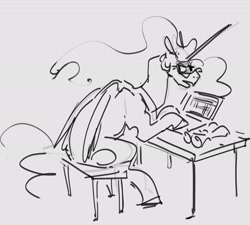 Size: 2056x1850 | Tagged: safe, artist:alumx, imported from derpibooru, princess celestia, alicorn, pony, computer, desk, female, glasses, gray background, grayscale, mare, monochrome, simple background, sitting, sketch, solo