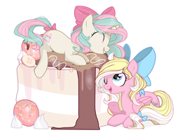 Size: 3723x2871 | Tagged: safe, artist:shore2020, imported from derpibooru, oc, oc only, oc:bay breeze, oc:mirabelle, pegasus, pony, unicorn, bow, cake, duo, female, food, grin, hair bow, high res, mare, open mouth, open smile, simple background, smiling, tail, tail bow, white background