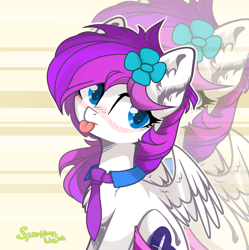 Size: 3110x3127 | Tagged: safe, artist:shore2020, imported from derpibooru, oc, oc only, oc:lavanda, pegasus, pony, :p, blushing, flower, flower in hair, necktie, pegasus oc, solo, tongue out, zoom layer