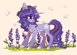 Size: 2100x1500 | Tagged: safe, artist:shore2020, imported from derpibooru, oc, oc only, butterfly, pony, unicorn, crystal, ear piercing, horn, jewelry, lavender, pendant, piercing, solo, unicorn oc