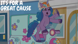 Size: 1280x720 | Tagged: safe, edit, edited screencap, editor:quoterific, imported from derpibooru, screencap, izzy moonbow, pony, unicorn, spoiler:g5, spoiler:my little pony: tell your tale, spoiler:tyts01e13, :o, bipedal, cute, dumpster diving, female, g5, helmet, izzybetes, mare, motorcycle, my little pony: tell your tale, open mouth, solo, text