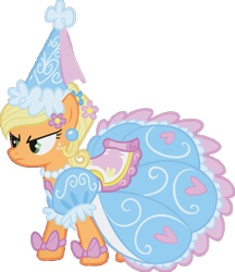 Size: 831x962 | Tagged: safe, imported from derpibooru, applejack, earth pony, pony, look before you sleep, angry, applejack is not amused, bow, clothes, dress, ear piercing, flower, flower in hair, froufrou glittery lacy outfit, glare, jewelry, looking at someone, necklace, piercing, princess, princess applejack, simple background, transparent background, unamused, unimpressed