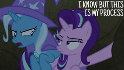 Size: 1280x720 | Tagged: safe, edit, edited screencap, editor:quoterific, imported from derpibooru, screencap, starlight glimmer, trixie, pony, unicorn, season 7, to change a changeling, brooch, cape, clothes, duo, female, hat, jewelry, mare, open mouth, text, trixie's brooch, trixie's cape, trixie's hat
