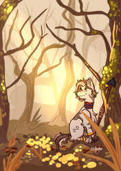 Size: 1390x1972 | Tagged: safe, artist:arielbei, imported from derpibooru, oc, oc:nishati, zebra, brown eyes, dead tree, forest, jewelry, shrub, signature, sitting, smiling, solo, spear, sun, tail, tree, two toned mane, two toned tail, weapon