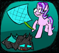 Size: 1778x1593 | Tagged: safe, artist:xxv4mp_g4z3rxx, imported from derpibooru, starlight glimmer, thorax, changeling, pony, unicorn, celestial advice, abuse, cowering, crying, duo, fangs, female, flyswatter, gray coat, male, mare, pink coat, sharp teeth, stallion, standing, teeth, this will end in death, thorabuse