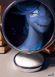 Size: 2070x2912 | Tagged: safe, artist:khvorost162, imported from derpibooru, oc, pony, female, makeup, mirror, smiling, solo