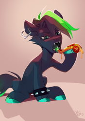 Size: 1284x1833 | Tagged: safe, artist:khvorost162, imported from derpibooru, oc, oc only, earth pony, pony, ear piercing, eating, fangs, food, piercing, pizza, solo, spiked wristband, tongue out, wristband