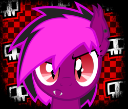 Size: 581x498 | Tagged: safe, artist:xxv4mp_g4z3rxx, imported from derpibooru, oc, oc only, oc:violet valium, bat pony, base used, bat pony oc, bust, checkered background, cutie mark background, ear piercing, emo, fangs, female, looking at you, mare, piercing, portrait, purple coat, red eyes, skull, slit pupils, solo, two toned mane