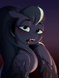 Size: 1537x2011 | Tagged: safe, artist:luxsimx, imported from derpibooru, oc, oc only, oc:arkessa, pegasus, pony, eyebrows, eyebrows visible through hair, fangs, female, gradient background, lip piercing, looking at you, mare, open mouth, pegasus oc, piercing, snake bites, solo, teeth