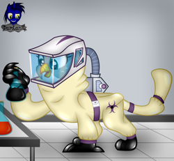 Size: 4154x3840 | Tagged: safe, artist:damlanil, imported from derpibooru, gabby, griffon, clothes, commission, cute, damlanil's lab, female, flask, gloves, hazmat suit, helmet, laboratory, latex, latex gloves, latex suit, rubber, shiny, shoes, show accurate, solo, suit, vector, wings