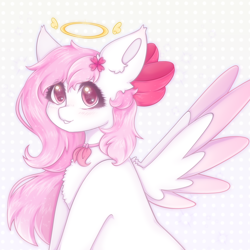 Size: 2040x2040 | Tagged: safe, artist:saltyvity, imported from derpibooru, oc, pegasus, pony, angel, blushing, bow, commission, cute, ear fluff, embarrassed, flower, flower in hair, fluffy, hair bow, halo, happy, pink eyes, pink mane, solo, sparkles, white body