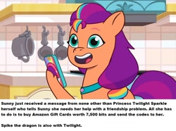 Size: 960x714 | Tagged: safe, edit, edited screencap, imported from derpibooru, screencap, sunny starscout, earth pony, pony, spoiler:g5, spoiler:my little pony: tell your tale, spoiler:tyts01e10, calling, cellphone, female, g5, implied spike, implied twilight sparkle, mane stripe sunny, mare, my little pony: tell your tale, open mouth, open smile, phone, ponestrip, scam, seems legit, smartphone, smiling, solo, sunny-day dinners, this will not end well