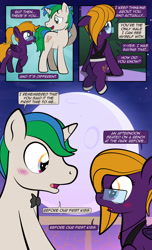 Size: 1920x3168 | Tagged: safe, artist:alexdti, imported from derpibooru, oc, oc only, oc:purple creativity, oc:star logic, pegasus, pony, unicorn, comic:quest for friendship, blushing, bowtie, comic, dialogue, duo, duo male and female, ears back, eye contact, female, folded wings, glasses, hair over one eye, high res, hooves, horn, looking at each other, looking at someone, male, mare, moon, night, oc x oc, open mouth, open smile, outdoors, pegasus oc, rainbow of harmony, raised hoof, shipping, sitting, smiling, speech bubble, stallion, standing, tail, two toned mane, two toned tail, unicorn oc, wings