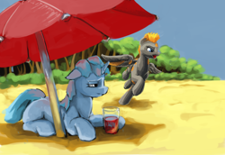 Size: 1600x1100 | Tagged: safe, artist:da-exile, imported from derpibooru, oc, oc only, pegasus, pony, unicorn, atg 2016, beach, beach umbrella, female, lying down, mare, newbie artist training grounds, prone