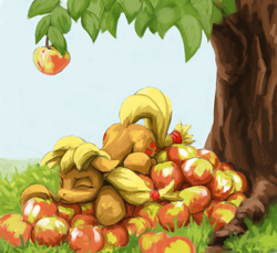 Size: 1432x1310 | Tagged: safe, artist:da-exile, imported from derpibooru, applejack, earth pony, pony, apple, apple tree, atg 2016, food, newbie artist training grounds, solo, that pony sure does love apples, tree