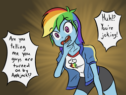 Size: 1439x1080 | Tagged: safe, artist:happy harvey, imported from derpibooru, rainbow dash, human, equestria girls, clothes, cutie mark on clothes, dialogue, drawthread, female, implied applejack, jacket, meme, open mouth, phone drawing, ponified meme, shirt, solo, spandex, tomboy