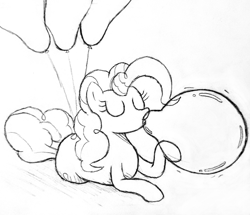 Size: 2763x2377 | Tagged: safe, artist:mizhisha, imported from derpibooru, pinkie pie, earth pony, pony, balloon, black and white, blowing up balloons, eyes closed, female, grayscale, mare, monochrome, sketch, solo, that pony sure does love balloons