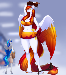 Size: 2149x2416 | Tagged: safe, artist:scarlet-spectrum, imported from derpibooru, oc, oc:diamond sun, oc:hawker hurricane, anthro, pegasus, unguligrade anthro, bag, big breasts, breasts, cleavage, clothes, colored wings, commission, female, grandfather clock, hawkmond, long hair, long mane, long tail, male, shopping bag, size difference, stallion, tail, wings