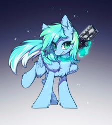 Size: 914x1024 | Tagged: safe, artist:swaybat, imported from derpibooru, oc, oc only, oc:nemolongjing, pegasus, pony, chest fluff, collar, colored wings, ear fluff, eye clipping through hair, eyebrows, eyebrows visible through hair, folded wings, gradient background, grin, gun, leg fluff, looking at you, magic, magic aura, pegasus oc, smiling, smiling at you, telekinesis, two toned wings, unshorn fetlocks, weapon, wings