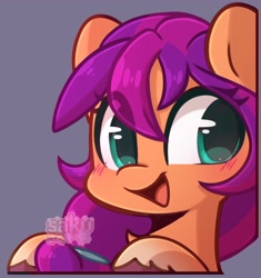 Size: 1924x2048 | Tagged: safe, alternate version, artist:sakukitty, imported from derpibooru, sunny starscout, earth pony, pony, blushing, cute, eye clipping through hair, female, g5, gray background, hooves on the table, looking at you, mare, open mouth, simple background, smiling, solo, sunnybetes, unshorn fetlocks, watermark