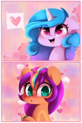 Size: 1200x1800 | Tagged: safe, artist:sakukitty, imported from derpibooru, izzy moonbow, sunny starscout, earth pony, pony, unicorn, blushing, cute, duo, duo female, eye clipping through hair, female, floating heart, flower, g5, heart, horn, izzybetes, izzyscout, lesbian, looking at each other, looking at someone, mare, open mouth, open smile, rose, shipping, smiling, speech bubble, sunnybetes