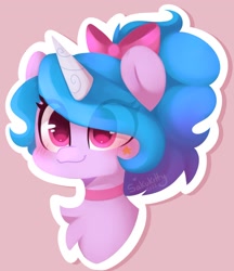 Size: 1284x1489 | Tagged: safe, artist:sakukitty, imported from derpibooru, izzy moonbow, pony, unicorn, alternate hairstyle, blushing, bow, bust, chest fluff, choker, eye clipping through hair, female, g5, hair bow, horn, mare, outline, portrait, simple background, solo, stars, watermark