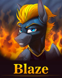 Size: 1920x2407 | Tagged: safe, artist:klarapl, imported from derpibooru, oc, oc only, oc:blaze (shadowbolt), pegasus, pony, blue eyes, bust, clothes, costume, fire, gray coat, male, shadowbolts, shadowbolts costume, smiling, smirk, solo, stallion, text, wings, yellow mane