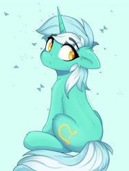 Size: 3000x4000 | Tagged: safe, artist:stravy_vox, imported from derpibooru, lyra heartstrings, pony, unicorn, abstract background, eye clipping through hair, eyebrows, eyebrows visible through hair, female, frown, high res, looking at you, looking back, looking back at you, mare, rear view, signature, simple background, sitting, solo