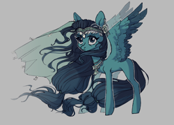 Size: 2100x1500 | Tagged: safe, artist:shore2020, imported from derpibooru, oc, oc only, oc:aqua borealis, pegasus, pony, colored wings, ear piercing, earring, jewelry, piercing, simple background, solo, two toned wings, veil, windswept mane, wings