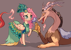 Size: 4093x2894 | Tagged: safe, artist:shore2020, imported from derpibooru, discord, fluttershy, draconequus, pegasus, pony, make new friends but keep discord, clothes, discoshy, dress, duo, duo male and female, eyebrows, female, flower, gala dress, gray background, high res, looking at each other, looking at someone, male, mare, raised hoof, raised leg, shadow, shipping, signature, simple background, smiling, smiling at each other, straight