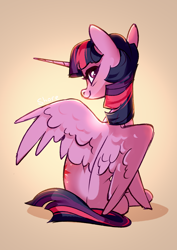 Size: 2894x4093 | Tagged: safe, artist:shore2020, imported from derpibooru, twilight sparkle, alicorn, pony, female, high res, looking at you, looking back, looking back at you, looking over shoulder, mare, rear view, simple background, sitting, solo, twilight sparkle (alicorn)