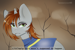 Size: 2000x1350 | Tagged: safe, artist:henneysee86, artist:new_henneysee86, imported from derpibooru, oc, oc only, oc:littlepip, pony, unicorn, fallout equestria, cigarette, clothes, cloud, female, jumpsuit, mare, smoking, solo, tree, vault suit, ych example, your character here