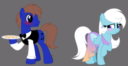 Size: 3363x1733 | Tagged: safe, artist:feather_bloom, imported from derpibooru, oc, oc only, oc:blue_skies, oc:feather_bloom, earth pony, pegasus, pony, alternate universe, blushing, bowtie, clothes, dress, duo, ear piercing, earring, food, forbidden love, heart, heart eyes, jewelry, piercing, platter, server, simple background, waiter, wingding eyes