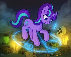 Size: 2000x1600 | Tagged: safe, artist:asimos, imported from derpibooru, starlight glimmer, pony, unicorn, book, candle, crystal, fog, inkwell, magic, magic circle, quill, s5 starlight, skull, solo