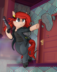 Size: 2618x3310 | Tagged: safe, artist:lockheart, imported from derpibooru, pony, control (video game), door, floating, gun, headphones, jesse faden, ponified, solo, walkman, weapon