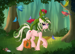 Size: 4612x3312 | Tagged: safe, artist:olala, imported from derpibooru, oc, oc:rose garden, oc:rose quartz, bird, butterfly, earth pony, mouse, pony, squirrel, unicorn, amazed, brother and sister, bush, commission, commissioner:shoemakerpony, cute, dirt road, female, flower, forest, grass, green fur, green hair, male, nature, purple eyes, red hair, siblings, talking, teaching, tree, two toned hair, unshorn fetlocks, violet eyes, walking, young