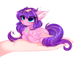 Size: 3856x3098 | Tagged: safe, artist:pesty_skillengton, imported from derpibooru, oc, oc only, human, pegasus, pony, blushing, chest fluff, chibi, colored ear fluff, colored wings, cute, ear fluff, eye clipping through hair, eyebrows, eyebrows visible through hair, female, female focus, fluffy, g5, gradient wings, hand, heart, in goliath's palm, jewelry, looking at someone, lying down, mare, micro, not pipp petals, pendant, pink coat, ponyloaf, prone, simple background, size difference, smiling, solo focus, tail, two toned mane, two toned tail, white background, wings