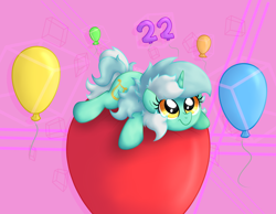 Size: 3640x2818 | Tagged: safe, artist:background basset, imported from derpibooru, lyra heartstrings, pony, unicorn, abstract background, balloon, cute, female, lying down, lyrabetes, mare, prone, smiling, solo