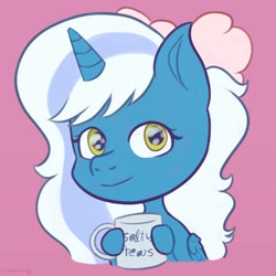 Size: 500x500 | Tagged: safe, artist:nammynzinga, imported from derpibooru, oc, oc:fleurbelle, alicorn, pony, semi-anthro, alicorn oc, bow, cup, female, hair bow, holding, horn, mare, pink background, simple background, smiling, wingding eyes, wings, yellow eyes