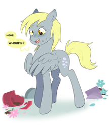 Size: 1740x2023 | Tagged: safe, artist:aztrial, imported from derpibooru, derpy hooves, pegasus, pony, blushing, broken vase, cute, derpabetes, flower, flower pot, nervous, oops my bad, simple background, smiling, solo, sweat, white background